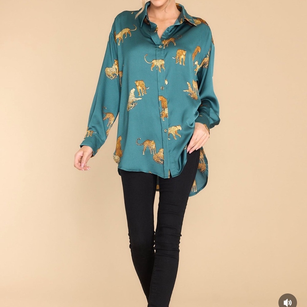 Umgee Teal Button-Up Blouse with Leopard Print